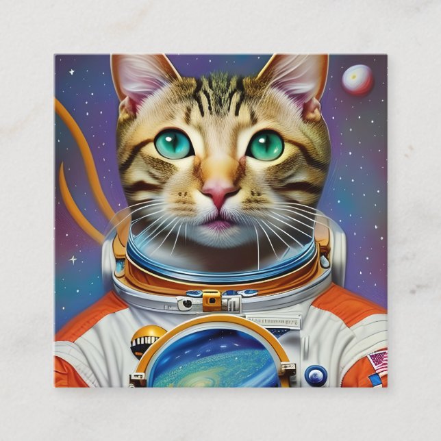 Tarjeta De Visita Cuadrada Gato astronauta en el espacio (Anverso)