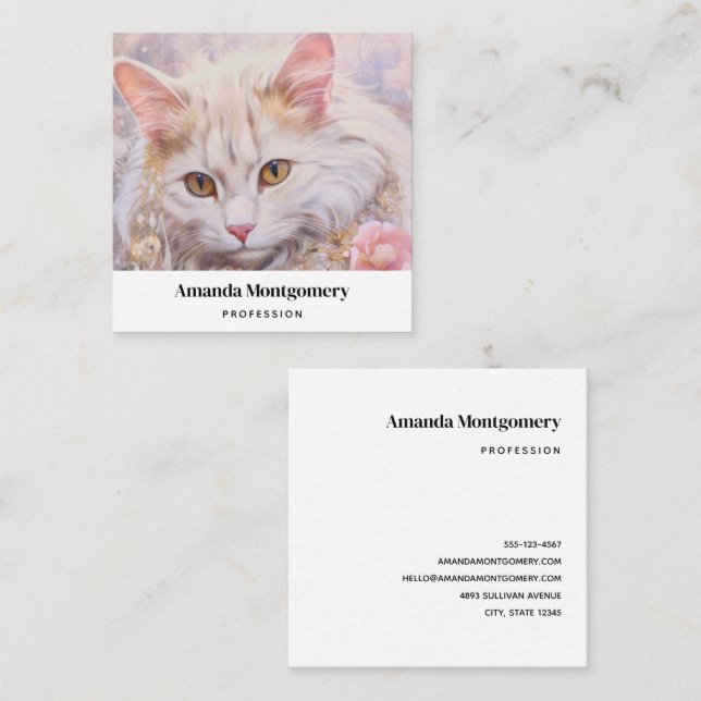 Tarjeta De Visita Cuadrada Gato blanco elegante en oro y diamantes (Anverso / Reverso)