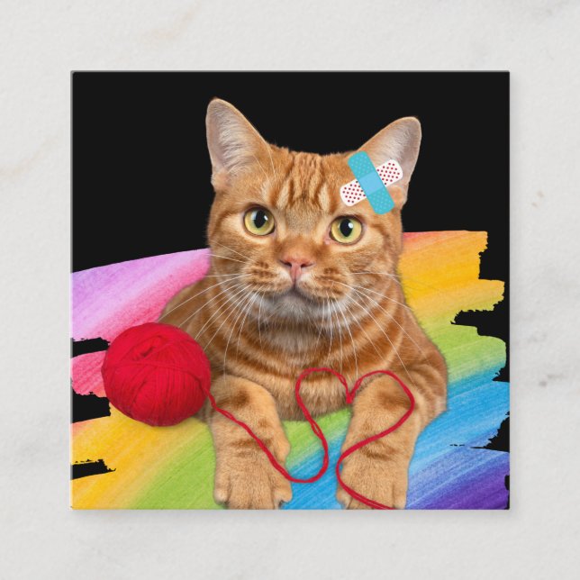 Tarjeta De Visita Cuadrada Gato dañado en fondo arco iris (Anverso)