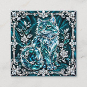 Tarjeta De Visita Cuadrada Gato de cristal turquesa de lujo Marco de plata