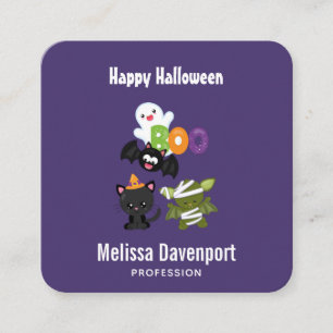 Tarjeta De Visita Cuadrada Gato, murciélago, momia y fantasma de Halloween