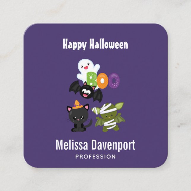 Tarjeta De Visita Cuadrada Gato, murciélago, momia y fantasma de Halloween (Anverso)