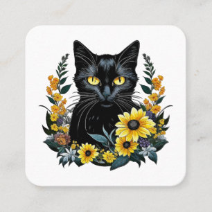 Tarjeta De Visita Cuadrada gato negro con flores