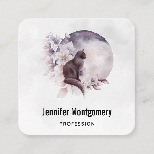 Tarjeta De Visita Cuadrada Gato negro frente a una luna llena mágica (Anverso)