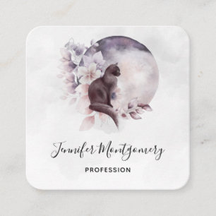 Tarjeta De Visita Cuadrada Gato negro frente a una luna llena mágica