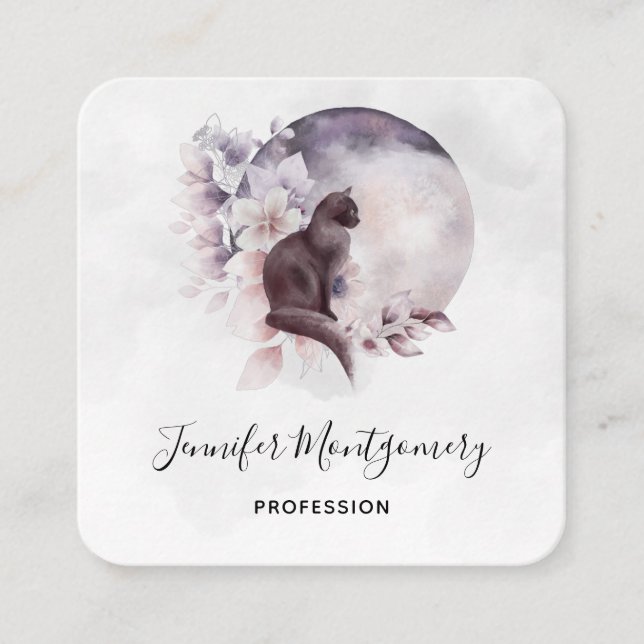 Tarjeta De Visita Cuadrada Gato negro frente a una luna llena mágica (Anverso)