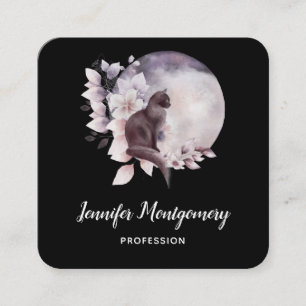 Tarjeta De Visita Cuadrada Gato negro frente a una luna llena mágica