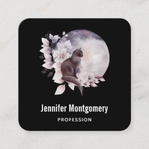 Tarjeta De Visita Cuadrada Gato negro frente a una luna llena mágica