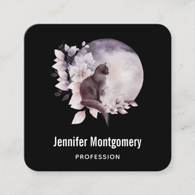 Tarjeta De Visita Cuadrada Gato negro frente a una luna llena mágica (Anverso)