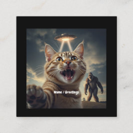 Tarjeta De Visita Cuadrada Gato tomándose selfie con OVNI y obsequio divertid