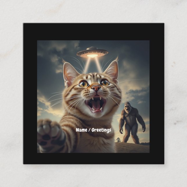 Tarjeta De Visita Cuadrada Gato tomándose selfie con OVNI y obsequio divertid (Anverso)