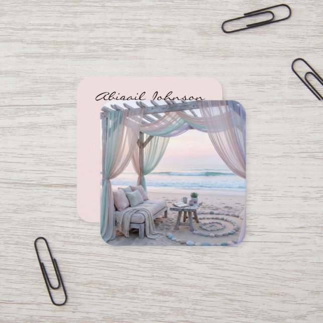 Tarjeta De Visita Cuadrada Gazebo junto al mar con sofá (Anverso/Reverso In Situ)