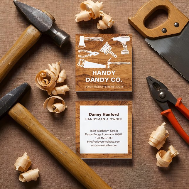 Tarjeta De Visita Cuadrada Generador de Contractores de herramientas Handyman (Modern Woodgrain Handyman Tools Contractor Builder Square Business Card)