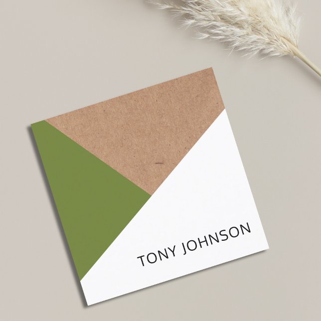 Tarjeta De Visita Cuadrada Geométrico blanco verde oliva Kraft moderno impres (Subido por el creador)