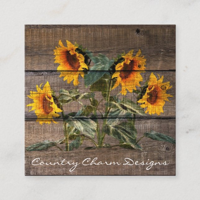 Tarjeta De Visita Cuadrada Girasol de madera de grano rústico (Anverso)