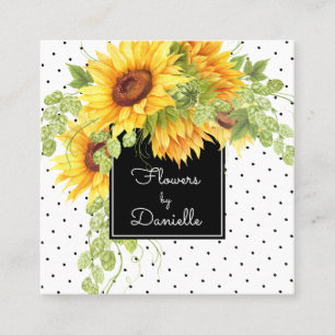 Tarjeta De Visita Cuadrada Girasoles Amarillos y Flores de Lunares