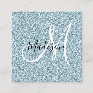 Tarjeta De Visita Cuadrada Girly & Glam Azul Plateado Brillo Monograma