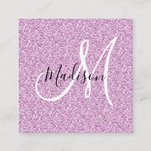 Tarjeta De Visita Cuadrada Girly & Glam Lila Purpura Brillo Monograma