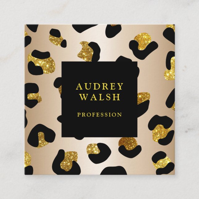 Tarjeta De Visita Cuadrada Girly Purpurinoso Faux Gold Leopard print Luxury (Anverso)