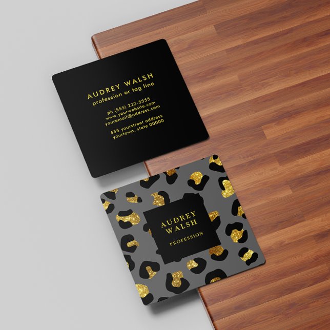 Tarjeta De Visita Cuadrada Girly Purpurinoso Gold Gray Leopard print Luxury (Subido por el creador)