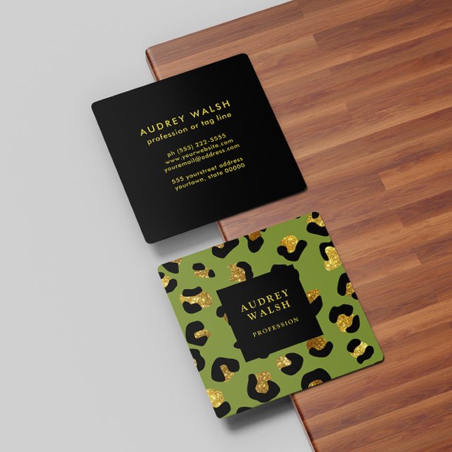Tarjeta De Visita Cuadrada Girly Purpurinoso Gold Green Leopard print Luxury (Subido por el creador)