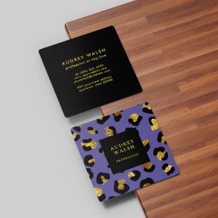 Tarjeta De Visita Cuadrada Girly Purpurinoso Gold Purple Leopard print Luxury