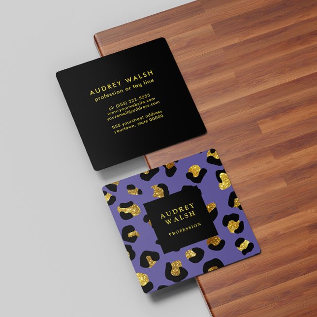 Tarjeta De Visita Cuadrada Girly Purpurinoso Gold Purple Leopard print Luxury (Subido por el creador)