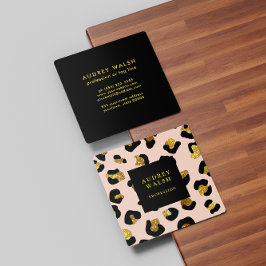 Tarjeta De Visita Cuadrada Girly Purpurinoso Gold Rubor Leopard print Luxury