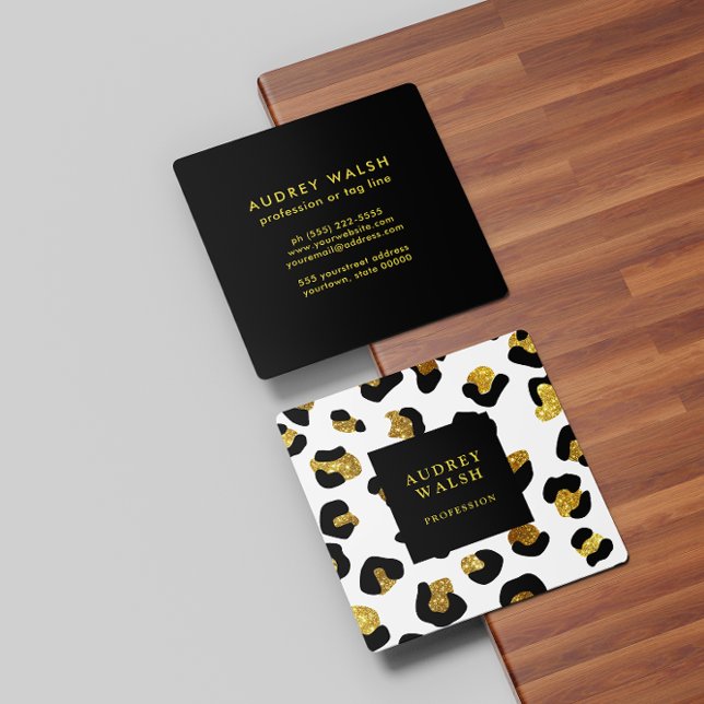 Tarjeta De Visita Cuadrada Girly Purpurinoso Oro Leopardo Blanco impresión Lu (Subido por el creador)