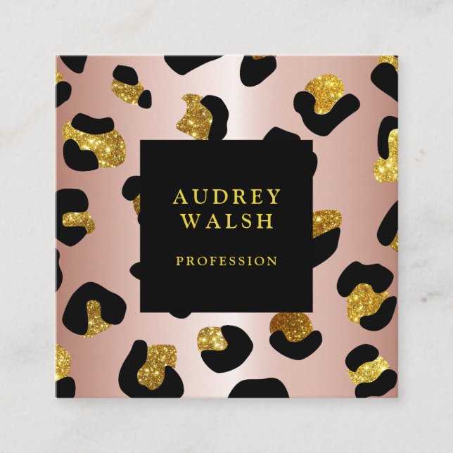 Tarjeta De Visita Cuadrada Girly Purpurinoso Rosa Gold Leopard print Luxury (Anverso)