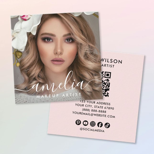 Tarjeta De Visita Cuadrada Girly Script QR Code Photo  Square Blush Pink (Subido por el creador)