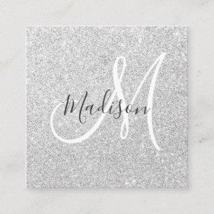 Tarjeta De Visita Cuadrada Girly y Glam Gris Plata Brillo Monograma