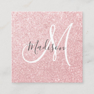 Tarjeta De Visita Cuadrada Glam Blush Rosa Oro Glitter Destello Monograma