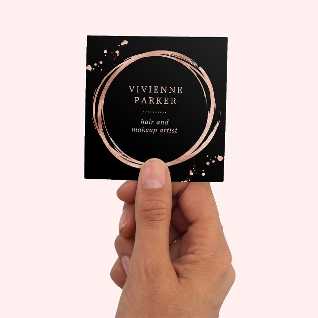 Tarjeta De Visita Cuadrada Glam Faux Rosa Gold Look on Black (Subido por el creador)