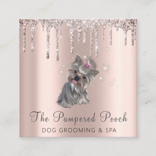 Tarjeta De Visita Cuadrada Glam Gold Rosa Purpurina Drin Dog Grooming Service (Anverso)