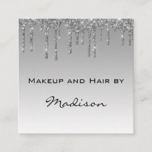 Tarjeta De Visita Cuadrada Glam Gris Plata Brillo Goteo Artista de Maquillaje