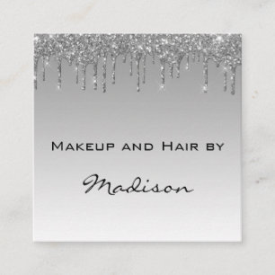 Tarjeta De Visita Cuadrada Glam Gris Plata Brillo Goteo Artista de Maquillaje