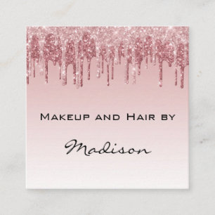 Tarjeta De Visita Cuadrada Glam Pink Rosa Dorado Brillo Gotea Maquillador