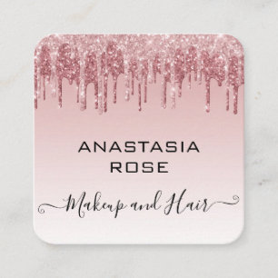 Tarjeta De Visita Cuadrada Glam Pink Rosa Dorado Brillo Gotea Maquilladora