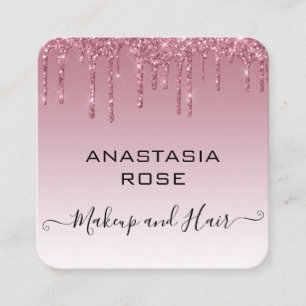 Tarjeta De Visita Cuadrada Glam Purple Rose Gold Glitter Drips Artista de Maq