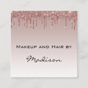 Tarjeta De Visita Cuadrada Glam Rosa Dorado Faux Brillo Gotea Artista de Maqu