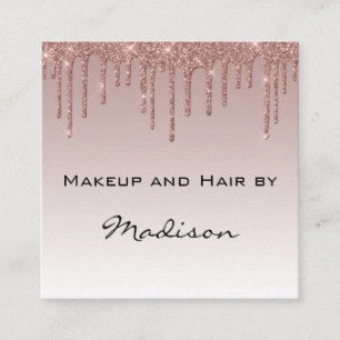 Tarjeta De Visita Cuadrada Glam Rosa Dorado Faux Brillo Goteo Artista de Maqu