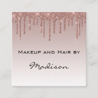 Tarjeta De Visita Cuadrada Glam Rosa Dorado Faux Brillo Goteo Artista de Maqu