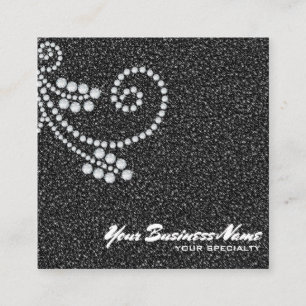 Tarjeta De Visita Cuadrada ~ Glam Scroll Diamonds Black Purpurina Bling Luxe
