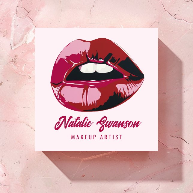 Tarjeta De Visita Cuadrada Glamoroso Moderno Audaz Lips Rosa Maquillaje Belle (Subido por el creador)