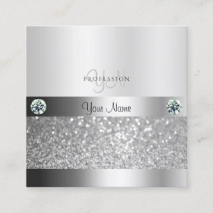 Tarjeta De Visita Cuadrada Glamoroso Purpurina Silver Shimmery con monograma