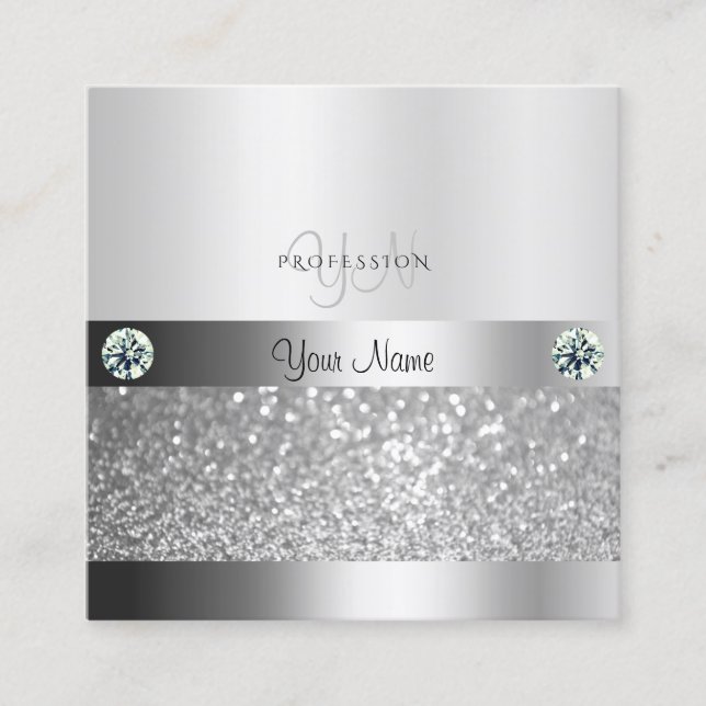 Tarjeta De Visita Cuadrada Glamoroso Purpurina Silver Shimmery con monograma (Anverso)