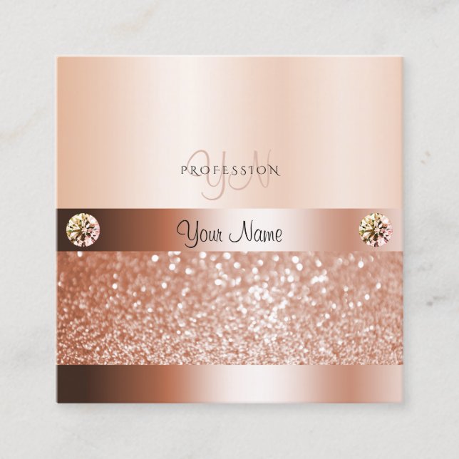 Tarjeta De Visita Cuadrada Glamoroso Rosegold Shimmery Purpurina con monogram (Anverso)