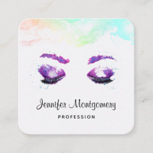 Tarjeta De Visita Cuadrada Glamorosos Ojos Púrpuros y Flores Acuarela