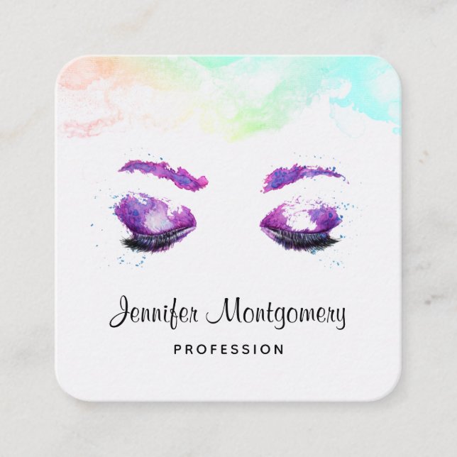 Tarjeta De Visita Cuadrada Glamorosos Ojos Púrpuros y Flores Acuarela (Anverso)